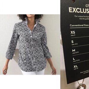 CHICO'S no-iron chic stretch 3/4 sleeve shirt in ikat print (US12/US18)